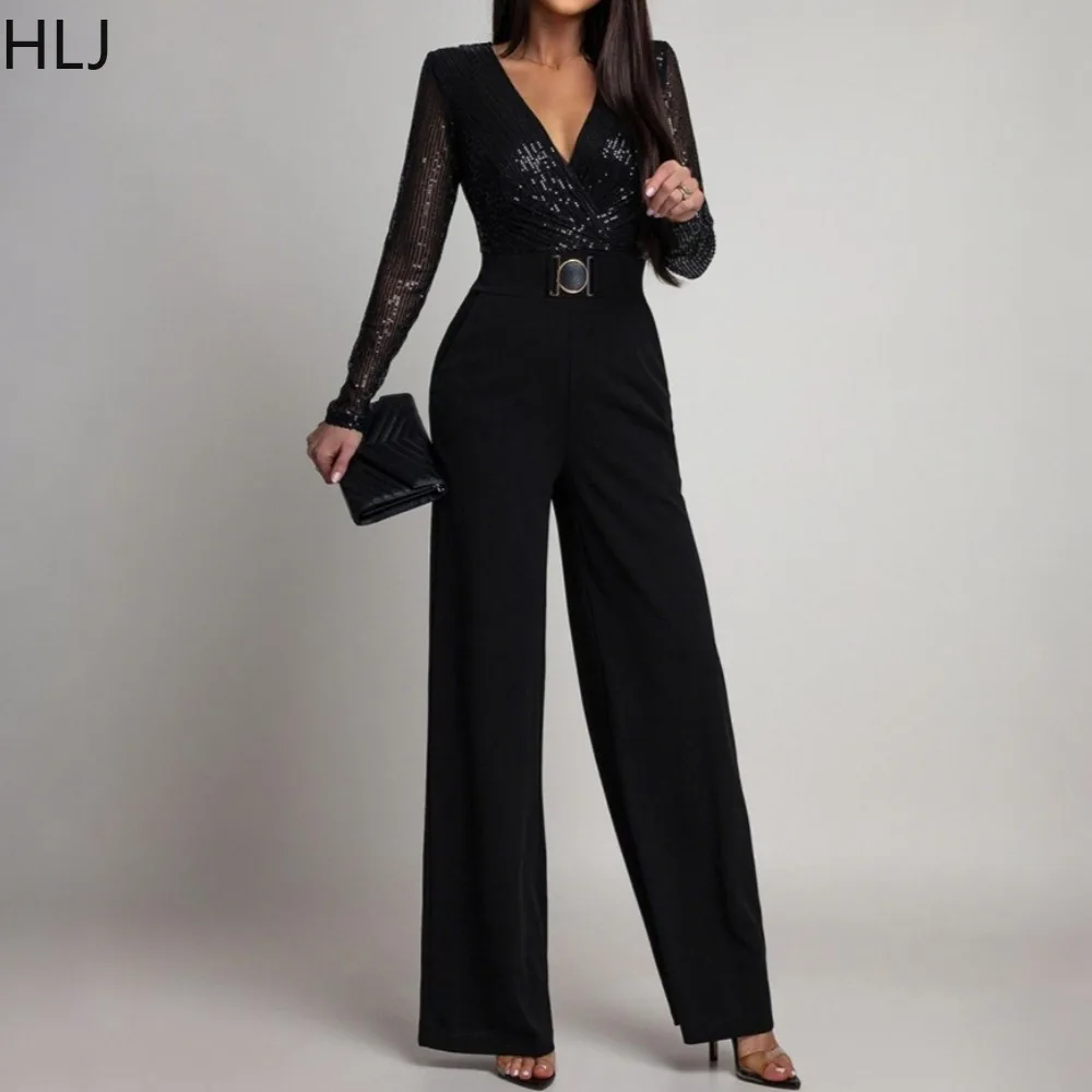 HLJ Sexy Sequin Patchwork Bodycon Jumpsuits for Woman Shining Deep V-neck Long Sleeves Rompers Female Streetwear Overalls New