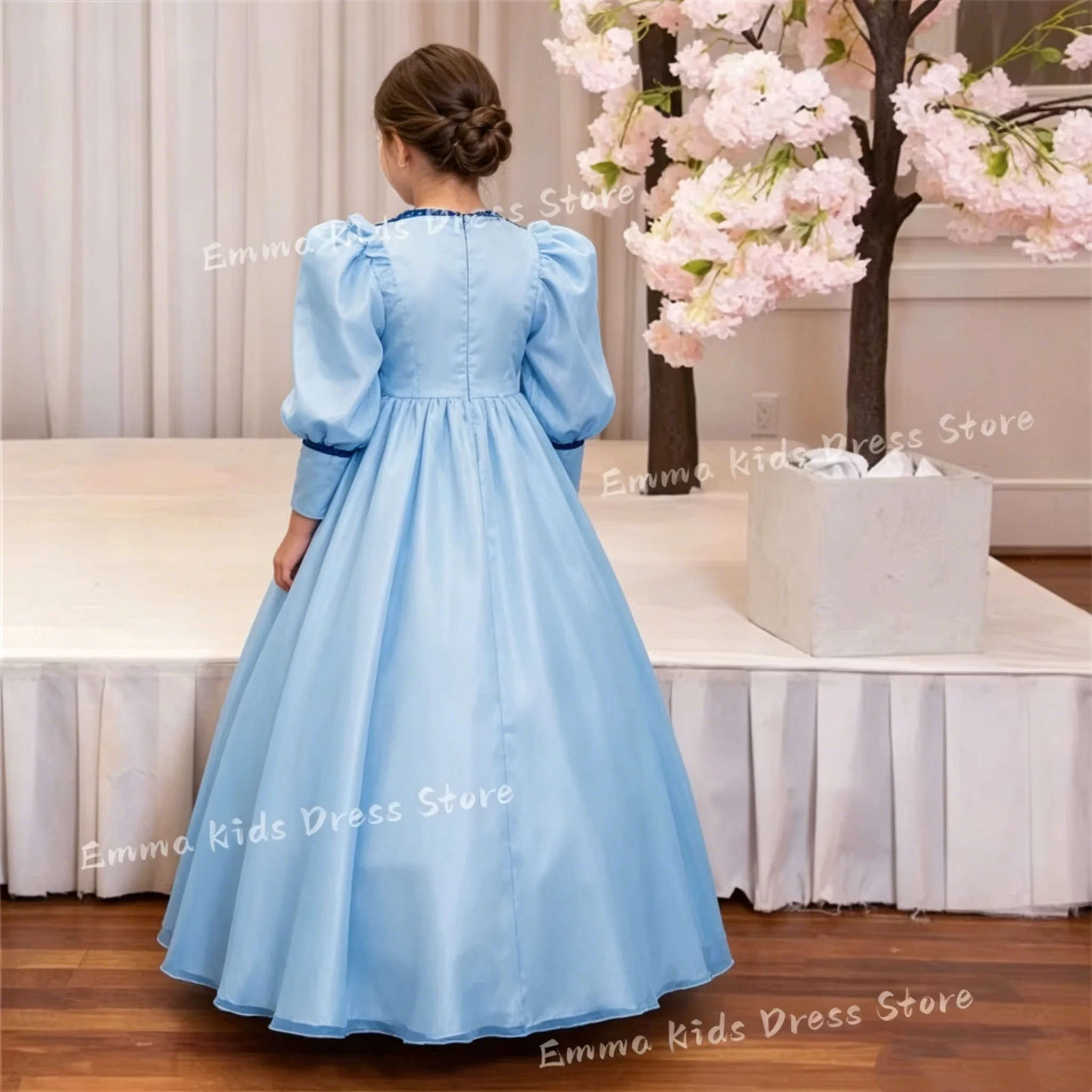 Drois Customized Satin Flower Girl Dress For Puff Long Sleeve Floor Lenght Kids Birthday Party Wedding First Communion Ball Gown