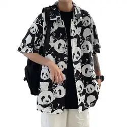 Summer Panda Printed Shirt Hawaii Lapel Short Sleeve Men Shirt Single-Breasted Loose Beach Shirt Thin