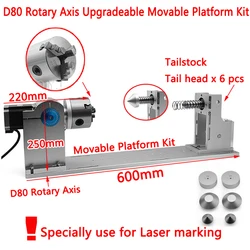 Kit piattaforma mobile aggiornabile con asse rotante LY D80 per marcatura laser, lunghezza appositamente 600 mm con contropunta regolabile