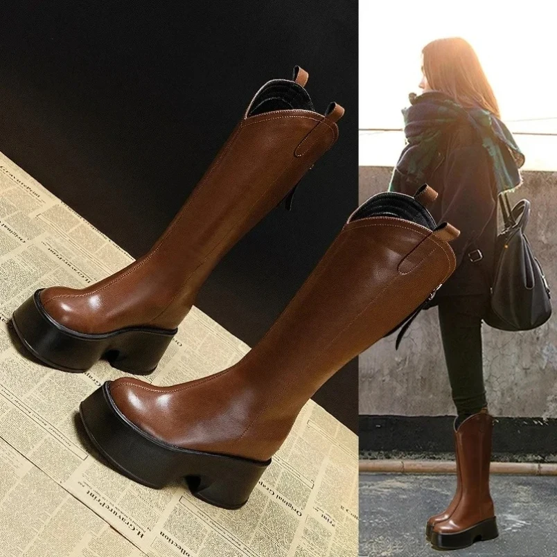 2025 جودة عالية 11 سنتيمتر جلد طبيعي الشتاء أفخم تشيلسي الركبة عالية الجوارب النساء السيدات مدخنة Famles الأحذية الموضة #4