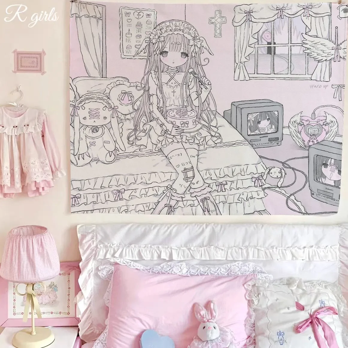 Kawaii Angel Girl Line Art Wall Tapestry - Cute Accessories Details, Dreamy Room Decor for Lolita Fashion & Moe Anime Fans