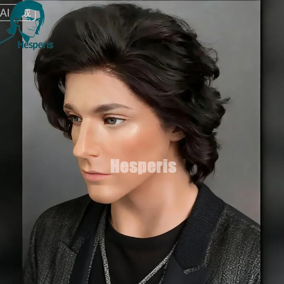 Hesperis Men's Short Cut Natural Wave Human Hair Wig Lace Front Glueless Transparent Lace with Side Part  Male Hair Replacement