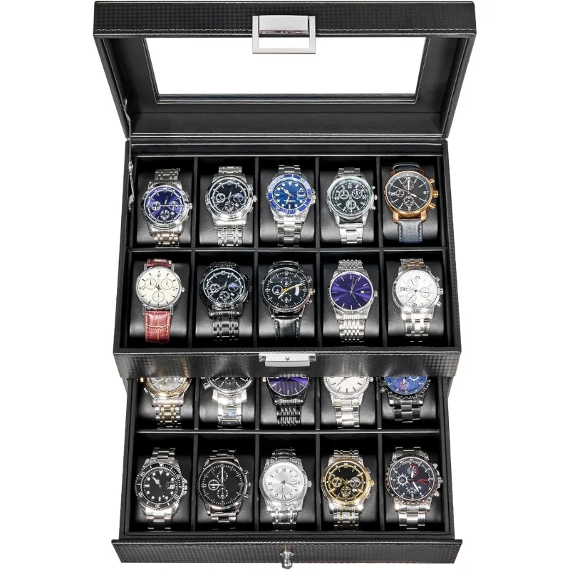 20-Slot Watch Box Organizer for Men Watch Case with Large Glass Lid Watch Travel Case Removable Watch Pillows