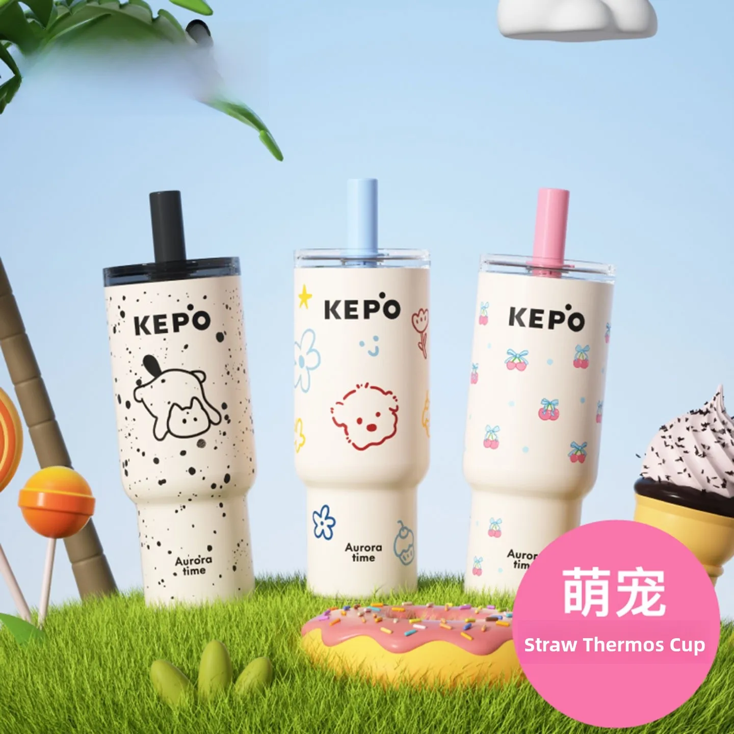 

KEPO KC013 Large Capacity Insulated Stainless Steel Straw Cup Adorable Pet Portable Water Bottle for Women High Aesthetic Value