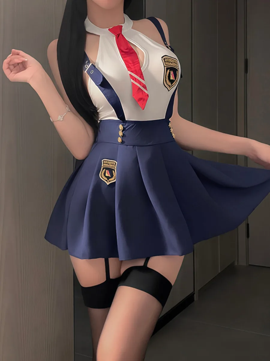 Sexy Student Skirt Sets Hanging Neck Tie JK Campus Short Backless Deep V Suspenders Sleeveless Skirt Sets For Women Elegant EMYH