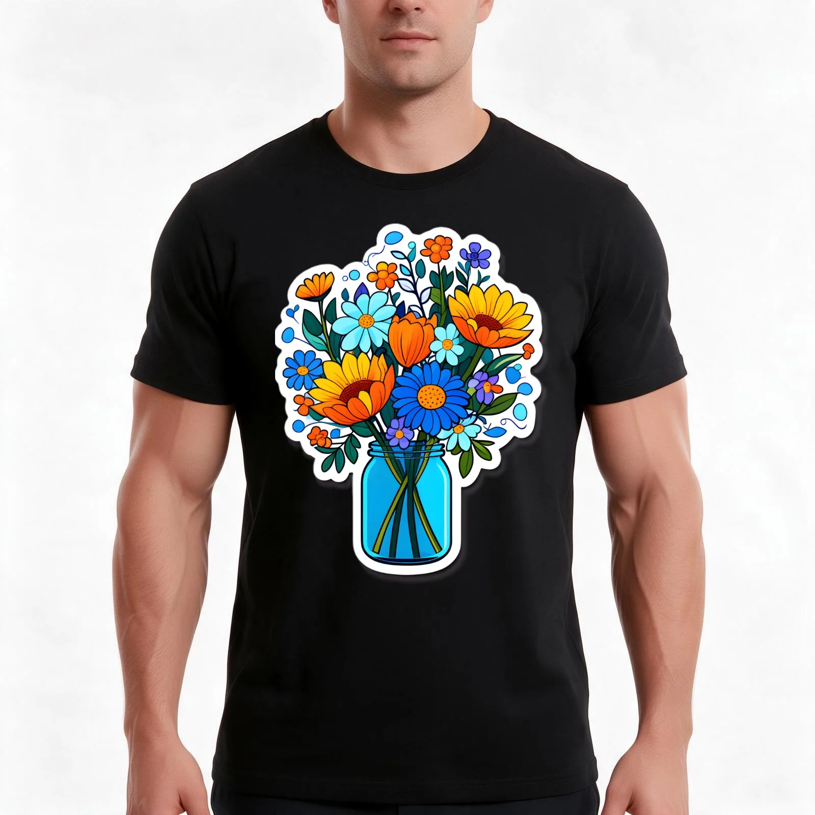 farm flowers in a mason jar T-Shirt, Summer Casual Cotton Tee, Oversized Streetwear Tops, Vintage Graphic Print, 100% Cotton