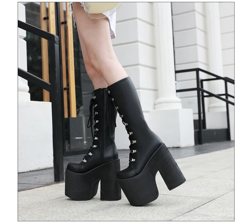 Sexy Women's Classic Boots Side Classic Platform Boots Knee High Motorcycle Boots Black Winter Autumn Lace Up Long Boots
