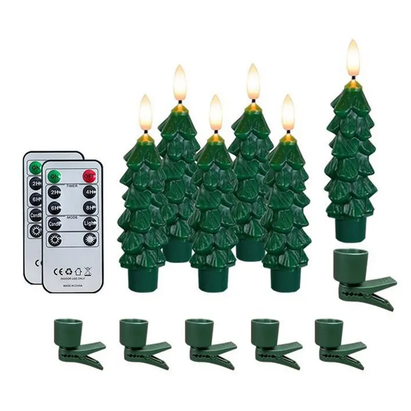 【CHRISTMAS 】Flameless Green Wax LED Christmas Tree Candles 6Pcs Battery Operated Taper Window Candles Remote Timer