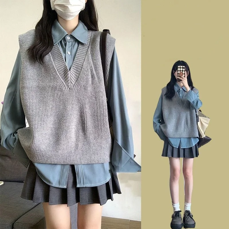 

Women's Spring Autumn Preppy Style Shirts Knit Vest Mini Pleated Skirts 1 or Three Piece Set Lady Blouse Tank Sweater Skirt Suit