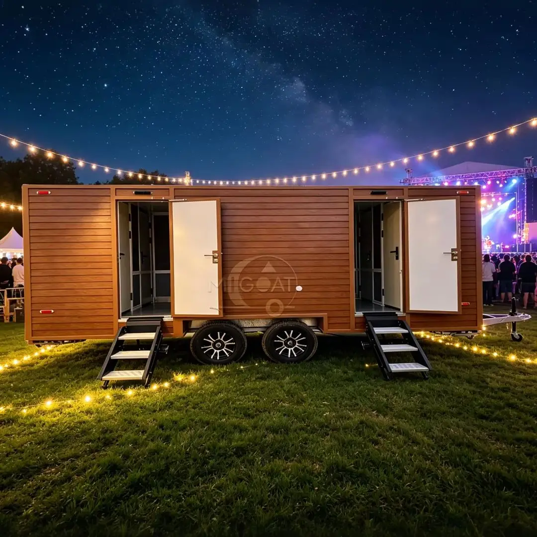 2-Stall Wood Grain Portable Restroom Trailer VIP Mobile Toilet with Steps for Events And Weddings