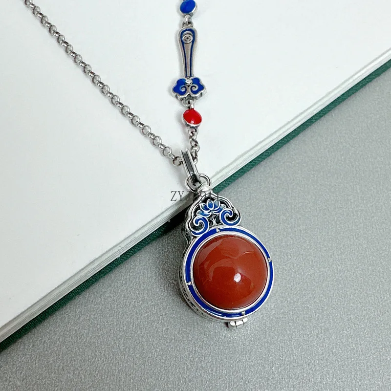 *Langyan Anhänger aus 925er-Sterlingsilber, südroter Achat, Kürbisform, ethnischer Vintage-Stil, Emaille-Anhänger, Schmuck für Frauen, kann ausgeben werden