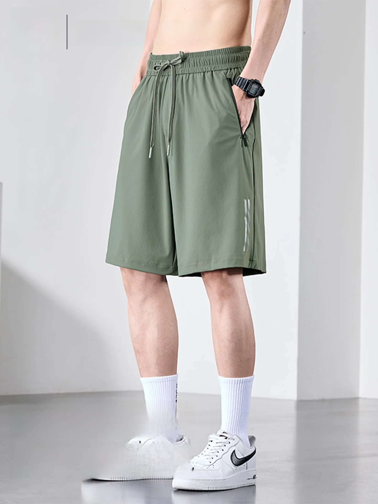 

Men's Summer Thin Ice Silk Cool Qui Dry Sports orts Loose Breathable Dstring Five-Quarter Casual Pants Running Cycling