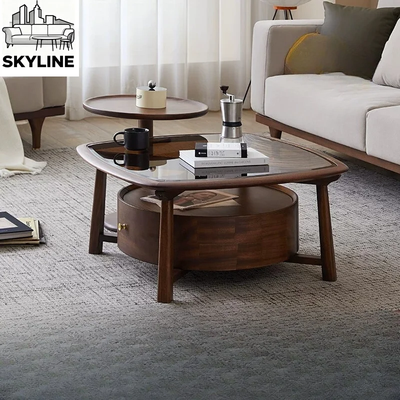 Natural Walnut Round Side Coffee Table, Compact Solid Wood Corner Desk for Small Apartment Living Room