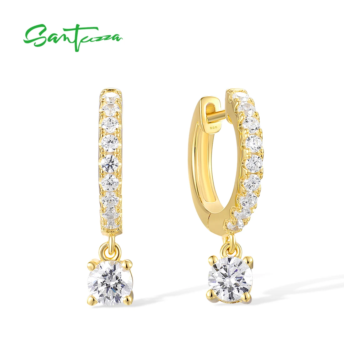 SANTUZZA Genuine 925 Sterling Silver Hoop Earrings For Women White CZ Yellow Gold Plating Fantastic Fashion Fine Jewelry