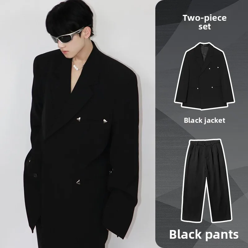 

Metallic Decorative Shoulder Pad Suit Set Simple Design Trendy Outerwear Jacket Loose Fit Four Seasons Universal Youth Style