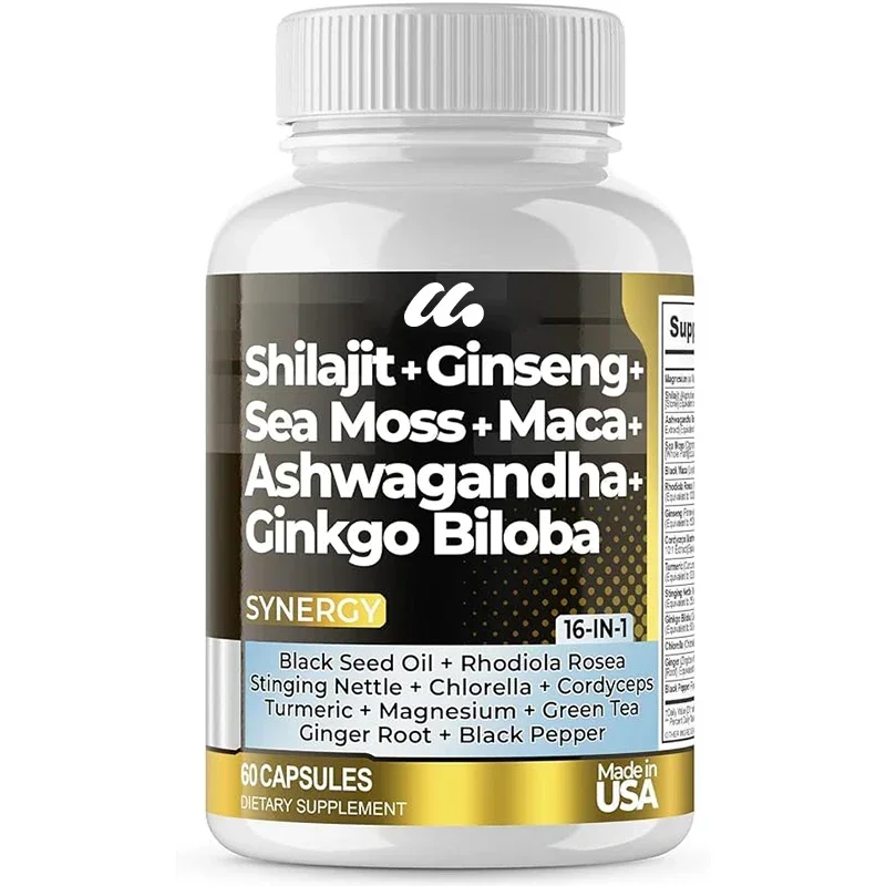 

Shilajit supplement, South African drunken eggplant, seaweed, Rhodiola rose, Ginkgo biloba, trace mineral capsules