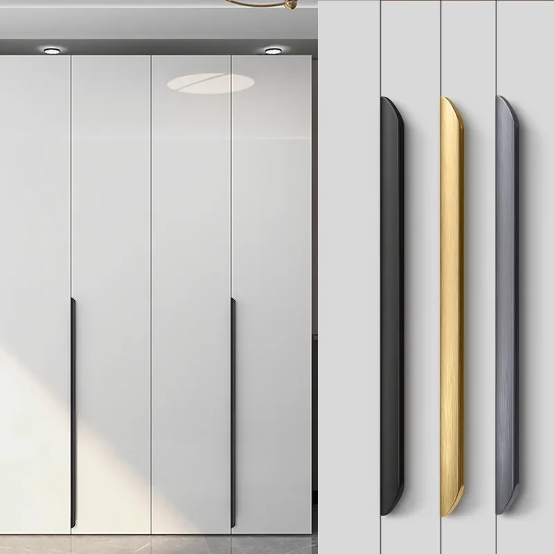 Maçaneta e maçaneta da porta do guarda-roupa, dourada, preta, escondida, maçaneta invisível, liga de alumínio, longa, armário de cozinha