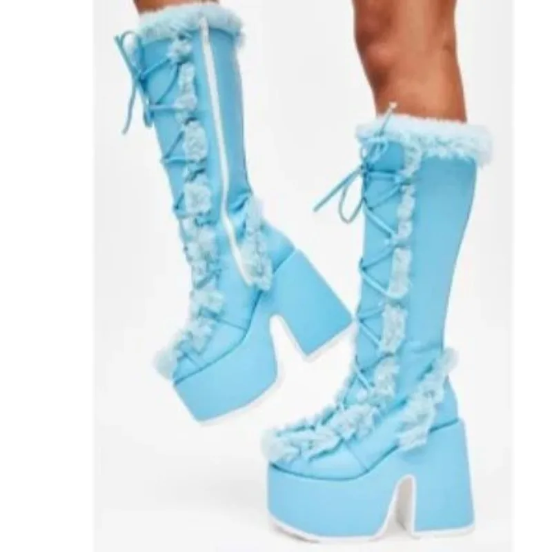 

Новые зимние женские зимние ботинки на платформе, на танкетке, на высоком каблуке, из искусственного меха, женская обувь, женские плюшевые теплые нескользящие ботинки до середины икры, готическая обувь