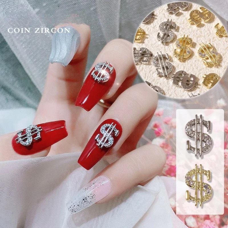 1Pc Plated Anti-fade Dollar Pattern Full Rhinestone Zircon Nail Charms New Year DIY Manicure Decor Accessories