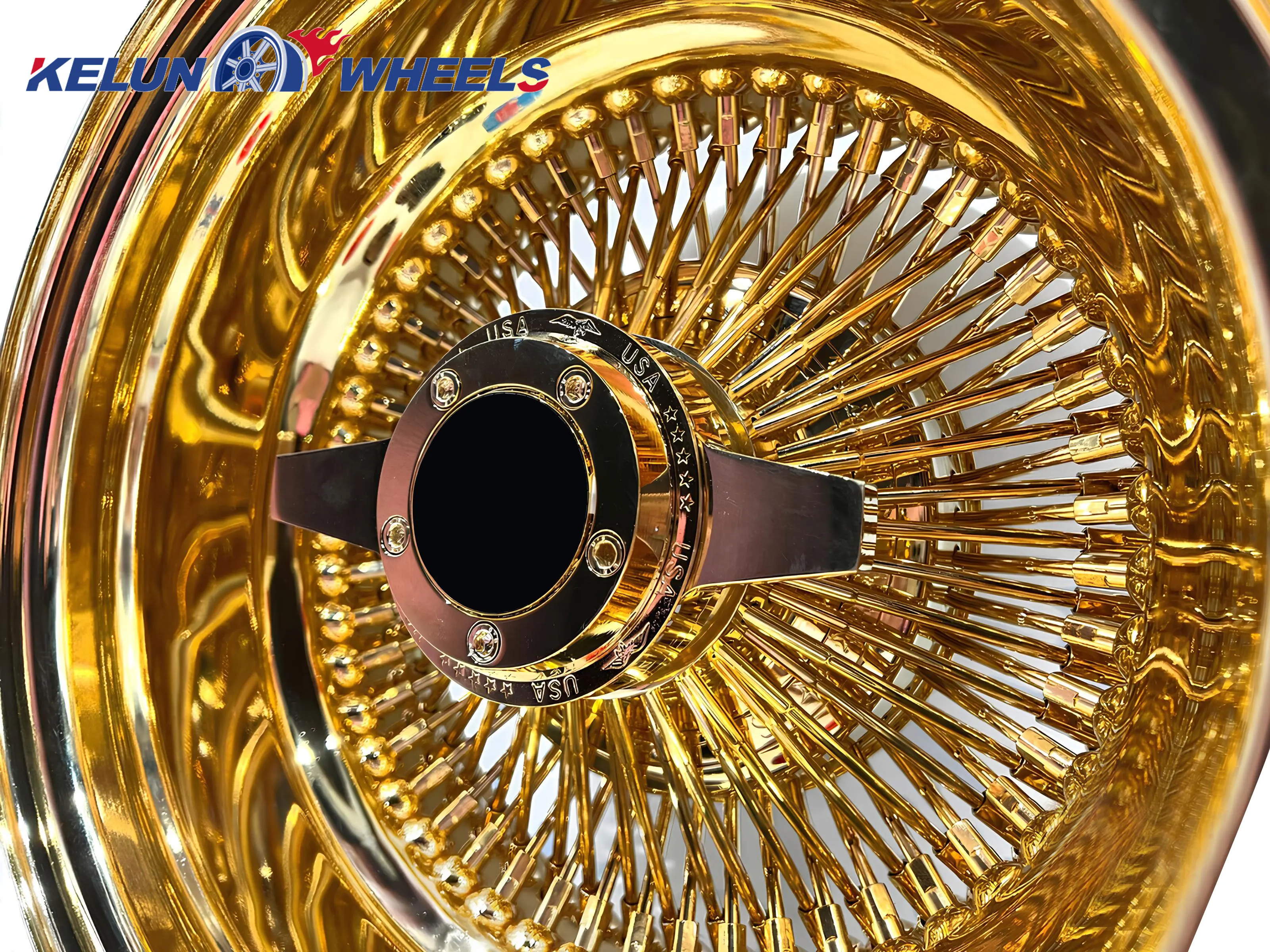 13 "14" 15 "16" 17 "18" Ruedas de alambre Reverso 72 radios de encaje recto Todos los llantas doradas Ruedas de alambre de radios