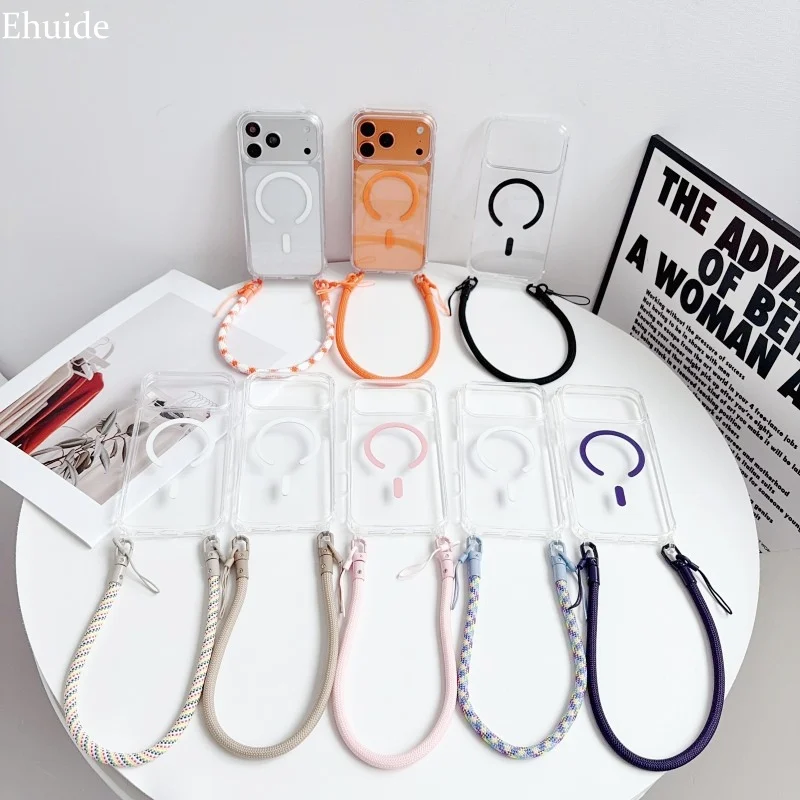 Magnetische Kurze Lanyard-Hülle für iPhone 17 Pro Max 14 13 15 16 16P 17P Kabellose Acryl-Stoßfeste Handgelenkschlaufe Harte Transparente Abdeckung