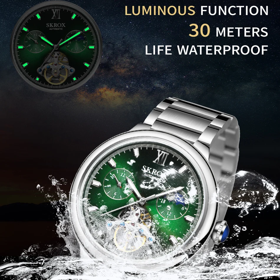 SKROX movimiento automático GMT fase lunar Tourbillon de acero inoxidable esqueleto impermeable mecánico superior relojes de pulsera de lujo para