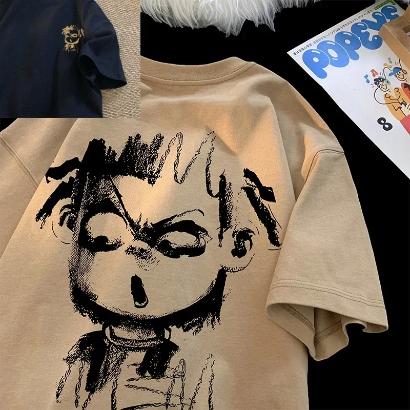 여름 프린트 반팔 티셔츠 남성 여름 트렌디 브랜드 신상 반팔 청소년 라운드넥 루즈핏 티셔츠 반팔