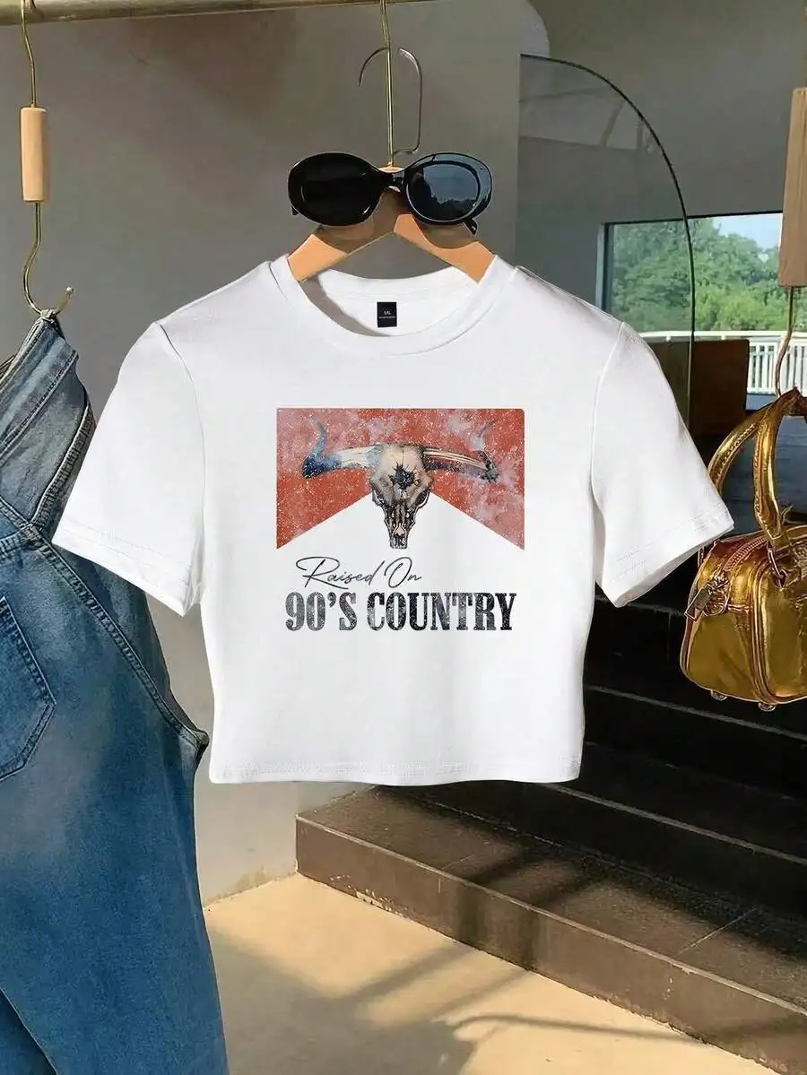 

Plus Size 90s Vintage Western Cowgirl Cropped Fitted Round Neck T-Shirt For Women