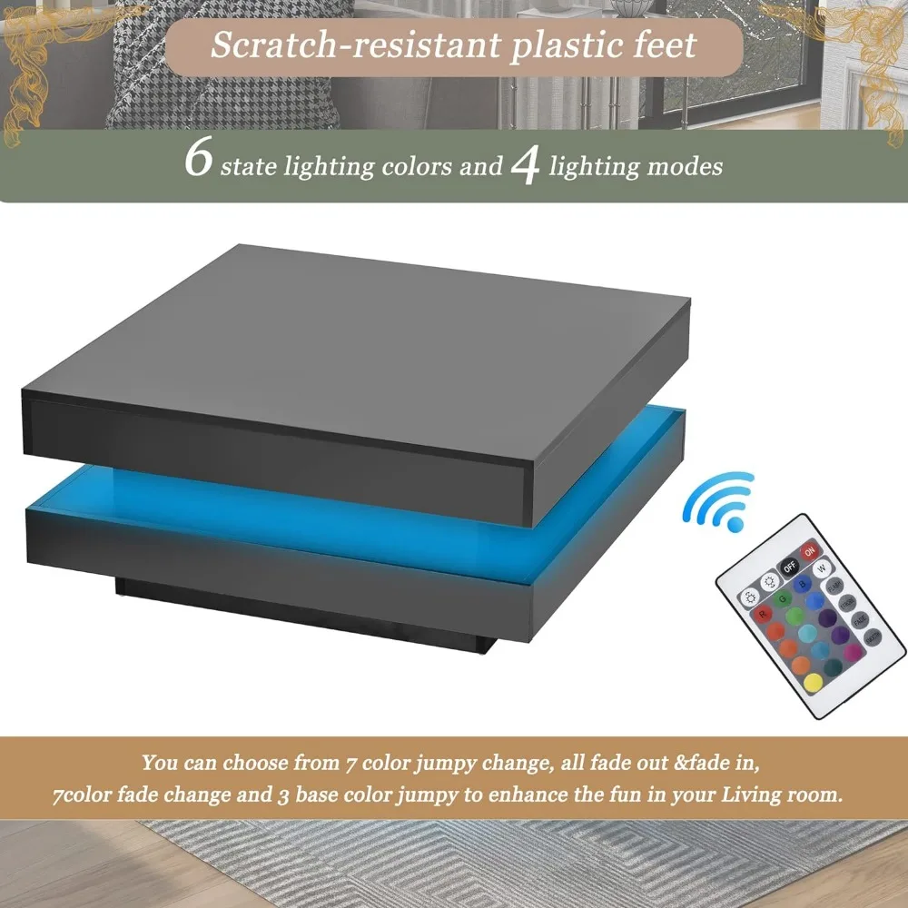 Modern Minimalist Design High Gloss 31.5 Inch 2 Tier Square Coffee Table with Plug-In 16 Color LED Lights for Living Room, Black