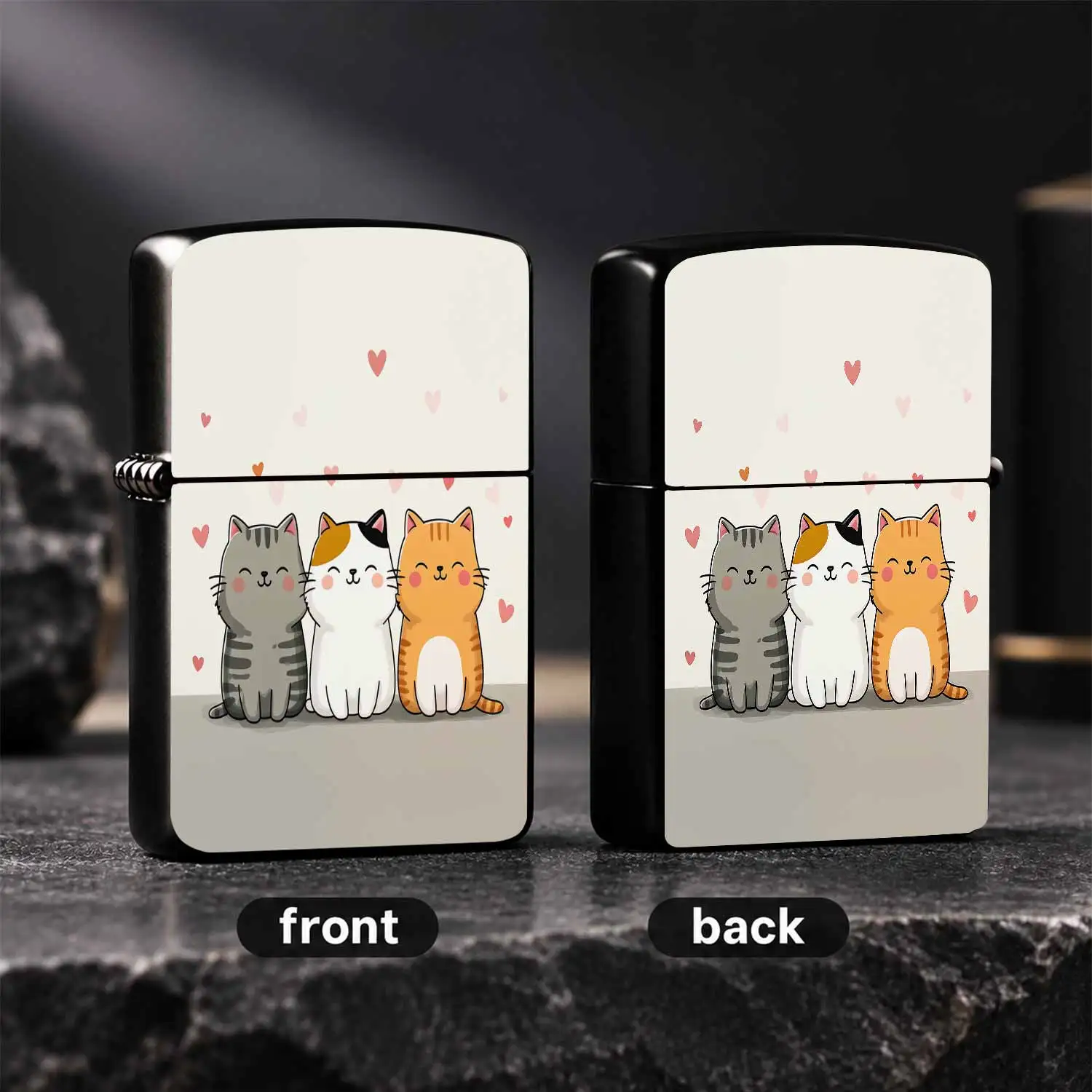Cute Chubby Cat Printed Lighter, Adorable 3 Happy Kittens Pattern Portable Lighter, Sweet Floating Hearts Design, Ideal For Daily Use, Party Favors, Home Decor, Thoughtful Warm Gift For Cat Lovers Friends Family On All A Humorous And Intere