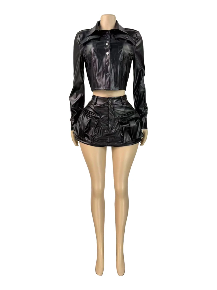 2-teiliges Set für Damen, Ausgehen, Outfits, Kunstleder, langärmelig, bauchfreie Jacke und Cargotaschen, Skort, weibliche Streetwear, passende Sets – Detail 3