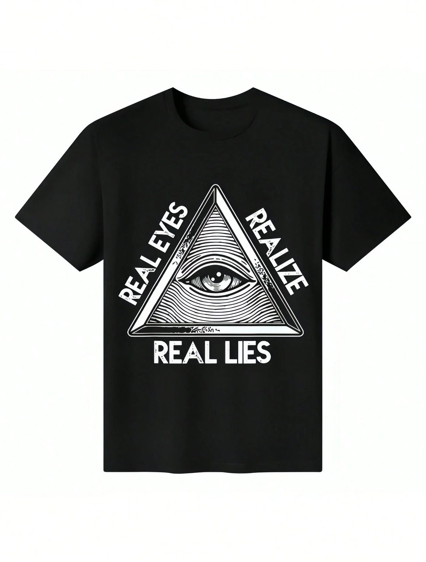 1Pc Man's Triangle Eye Print Black T-Shirt Crew Neck Casual Cotton Tee Medium Stretch Knit Fabric Regular Fit For Boys Men Gift