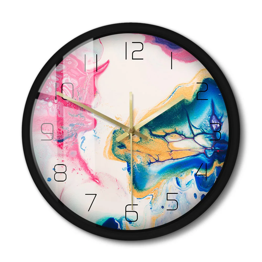 Fluid Art Dazzling Abstract Metal Frame Wall Clock Silent Swept Modern Trendy Colorful Pouring Painting Wall Watch Home Decor