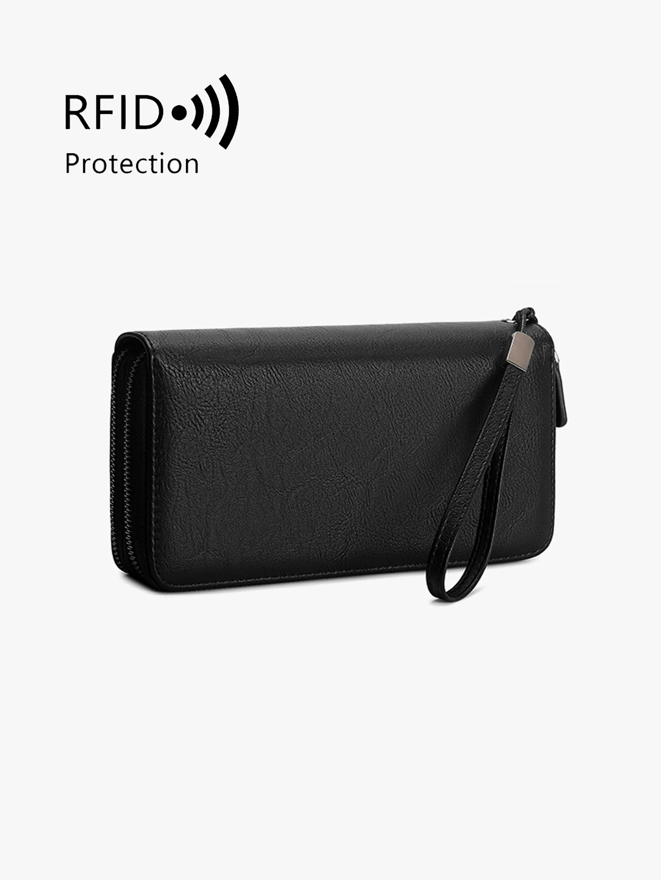 Men's Minimalist Solid-color RFID Anti-theft Zipper Wallet with Wrist Strap Stylish Double-layered Handbag with Large Capacity