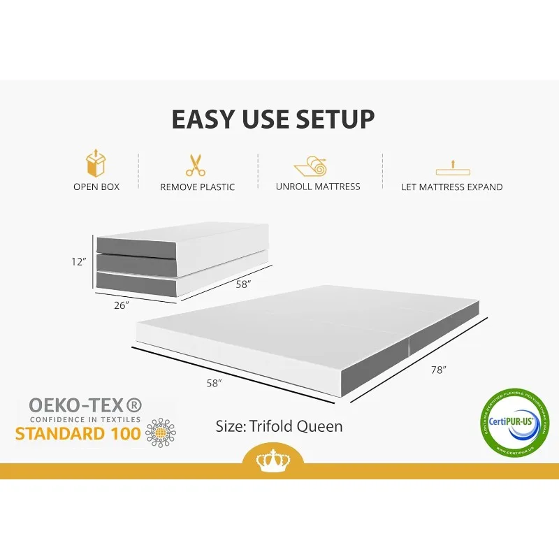 Convertible Mattress Bed, Gel Memory Foam, 4-Inch Tri-Fold Mattress, Portable Topper and Washable Cover, Queen - 58 “x 78 ”x 4”