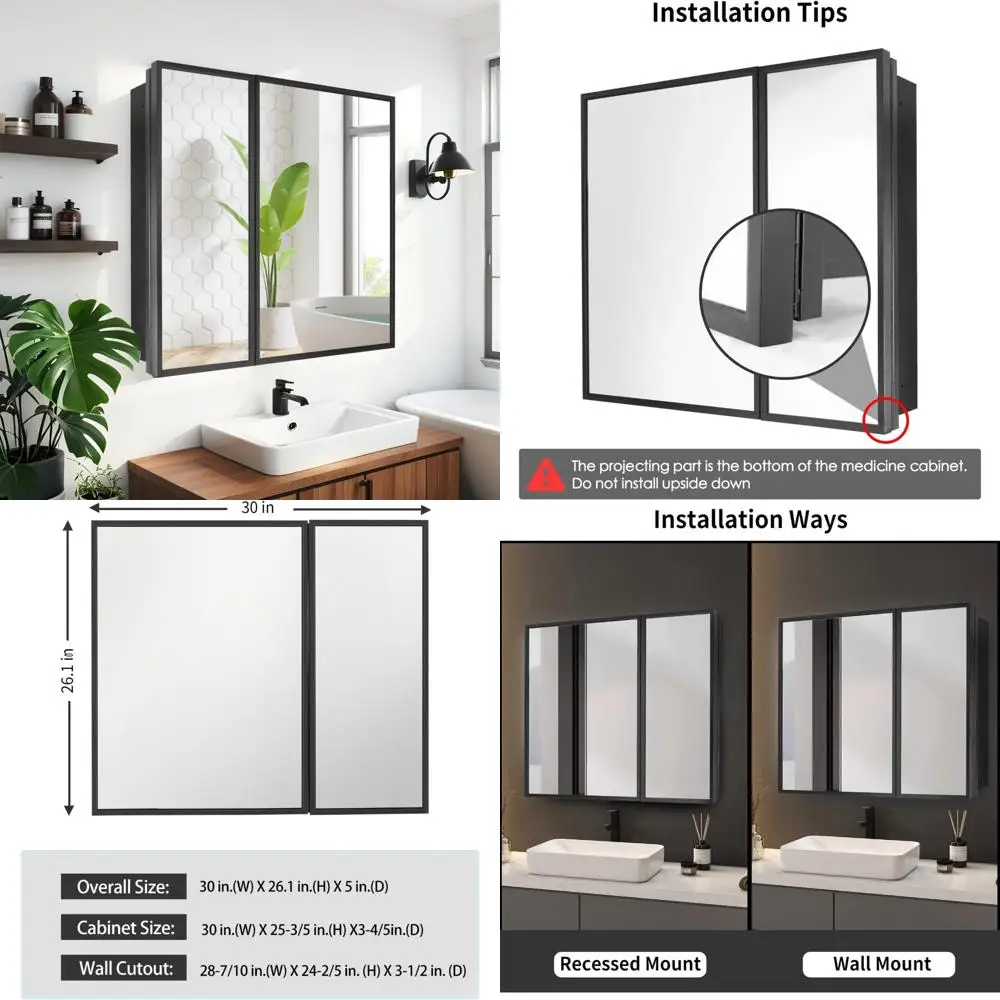 

30 Inch by 27 Inch Black Farmhouse Style Medicine Cabinet with Metal Frame, Recessed or Surface Mount, Rectangle Tilting Mirror