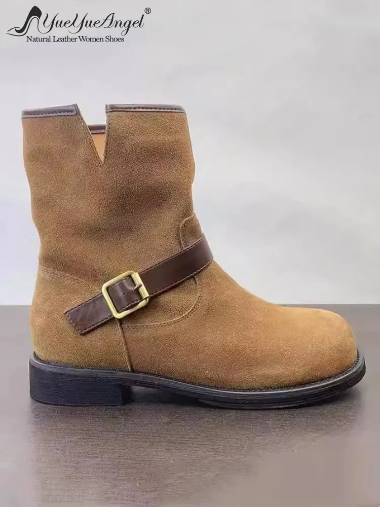

Vintage Slip-On Round Toe Women Genuine Leather Chelsea Boots New Spring Autumn Harajuku Casual Flat Shoes Female Short Boots