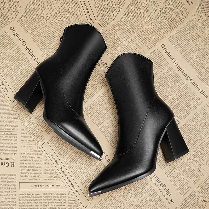 2025New Arrival Women Ankle Boots High Quality Casual Leather Boots Fashion Pointe High Heel Boots Plush Warm Women Winter Botas