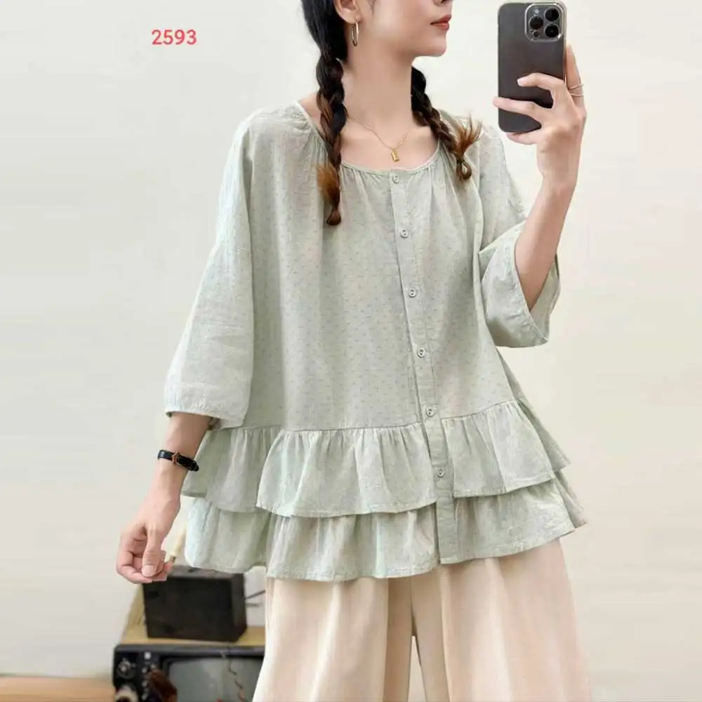 

Японские милые винтажные многослойные рубашки в горошек с оборками для девочек, женские летние повседневные свободные блузки с круглым вырезом и короткими рукавами, топ