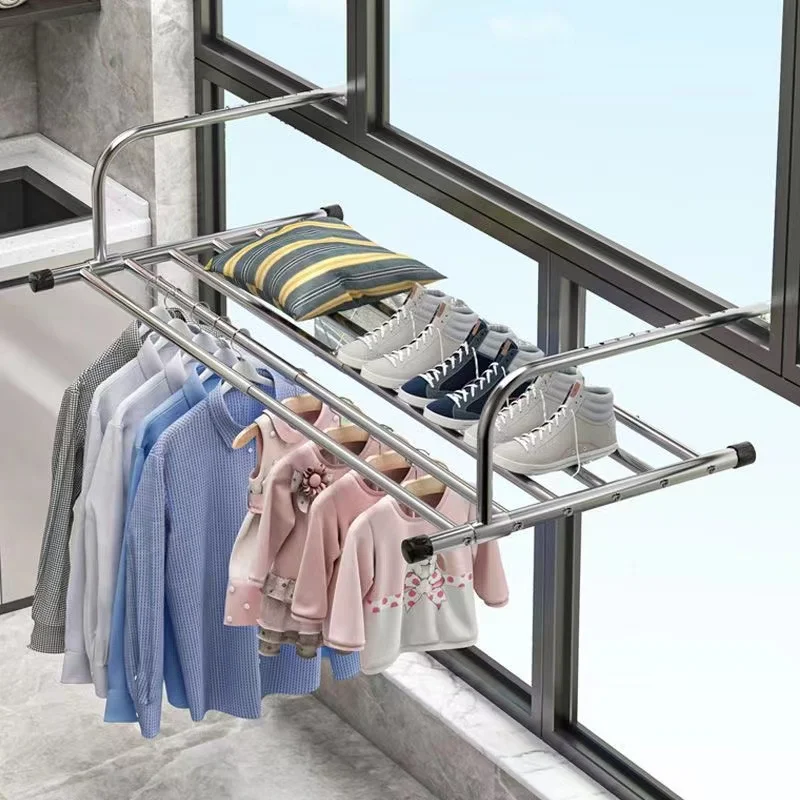 Telescopic Stainless Steel Shoe Rack, Coat Hanger, Drying Shoes, Clothes Towel Bar, Window Shoe Storage Shelf