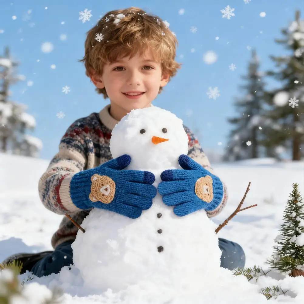 

Full Finger Kids Gloves Elastic Cuff Kids Gloves Kids Winter Knitted Gloves with Bear Embroidery Full Finger Warm for Boys