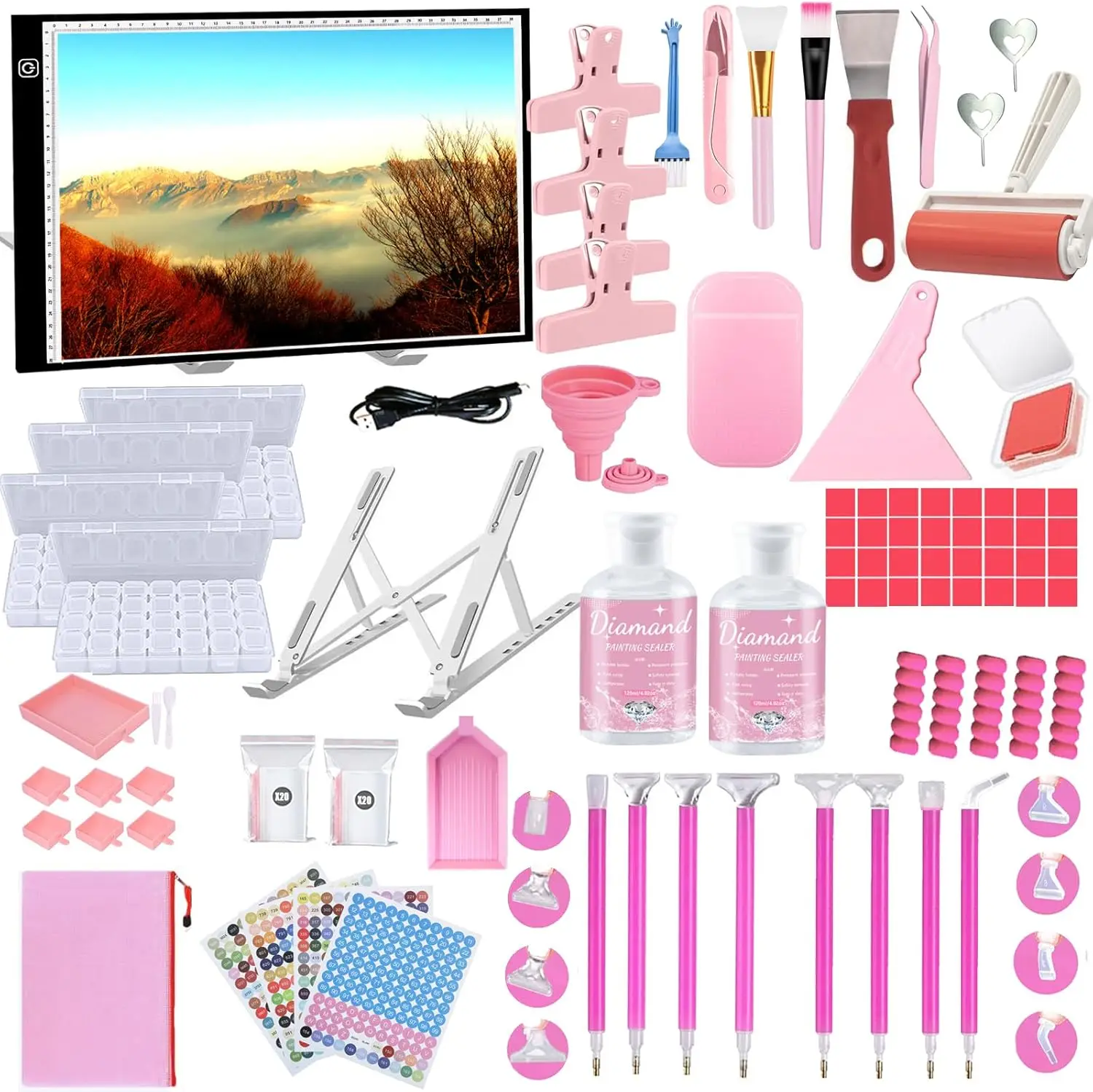 

244Pcs Diamond Art Accessories Kit All-Inclusive Diamond Painting Tool Set with A3 Diamond Painting Light Pad,Diamond A