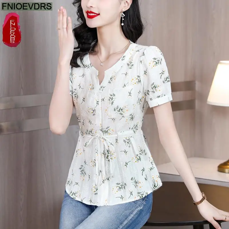 White Pink Drawstring Slim Waist Tops Women Summer Short Sleeve Cute Sweet Floral Print Retro Vintage Blouses Button Shirts