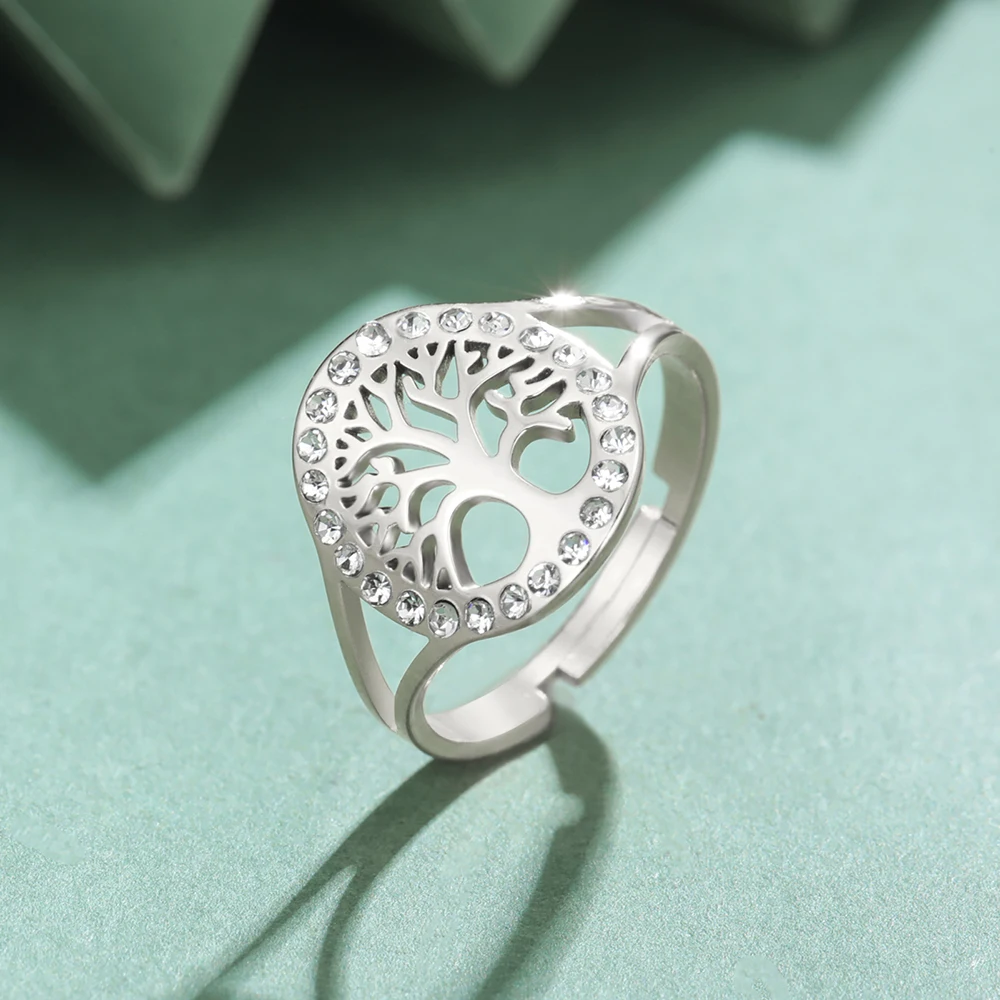 Dawapara Baum des Lebens Damen Ring Klarer Zirkon Verstellbarer Ring Yggdrasil Stammbaum Paar Schmuck Edelstahl Ehering – Detail 17