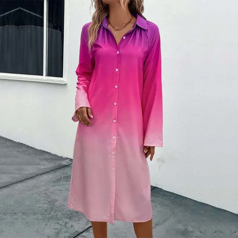 Women's European Style Button Down Shirt Dress Button Waist Long Sleeve Ombre High Low Shirt Tops