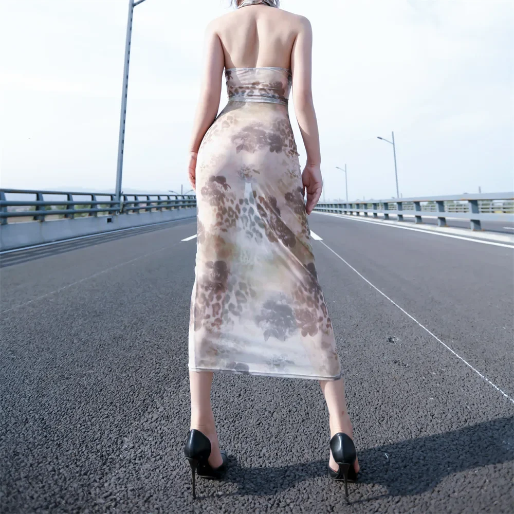 Vestido ceñido con tirantes finos para mujer, con estampado traje elegante, sin mangas, cuello en V, Espalda descubierta, fiesta de verano