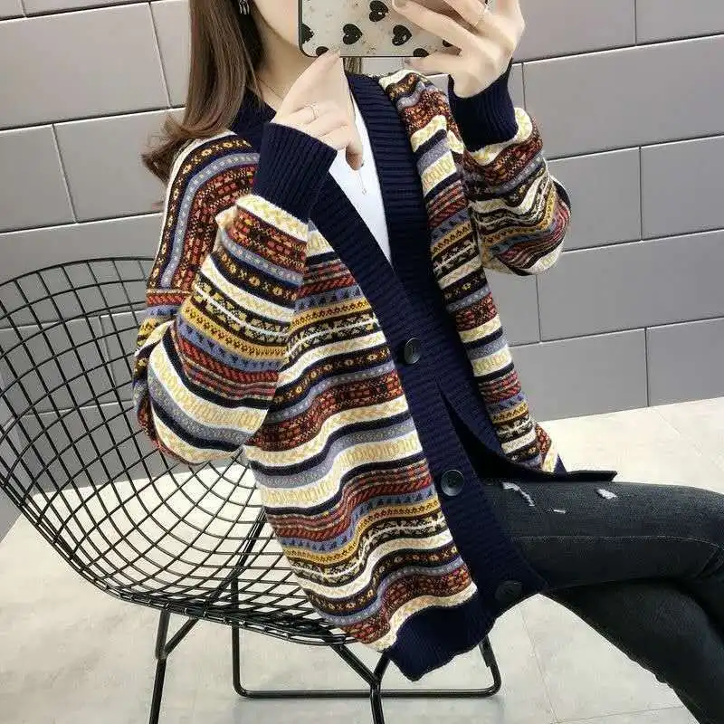 

Cardigan for Women Ethnic Style Light Long Sleeve Top Sleeves Korean Fashion Chic Aesthetic Casual Striped Knitted Sweater Woman