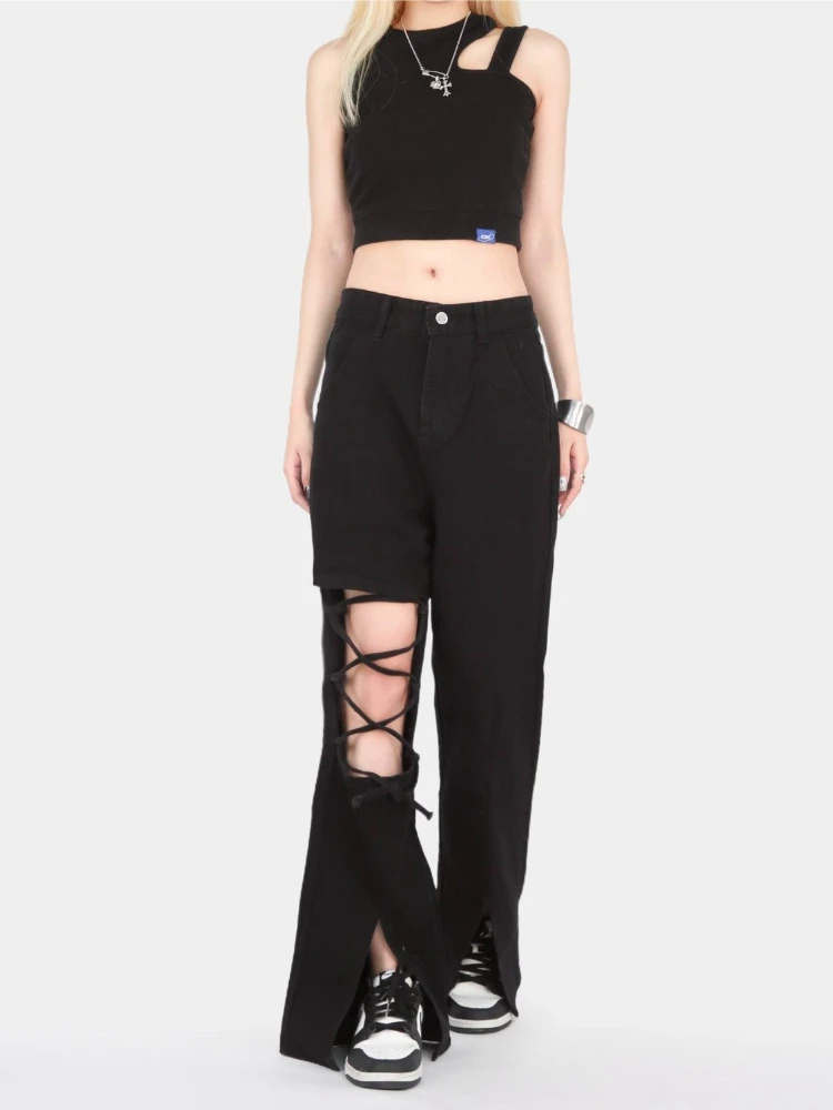 Y2k Vintage Hollow Out Lace Up Flare Jeans Women Summer High Waist Distressed Black Denim Pants Streetwear