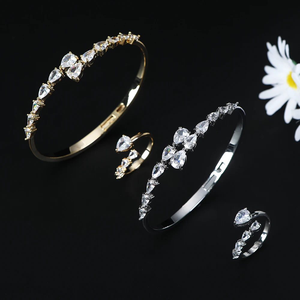 

Luxurious and minimalist waterdrop bracelet ring for women's wedding cubic zirconia banquet bridal jewelry set S627